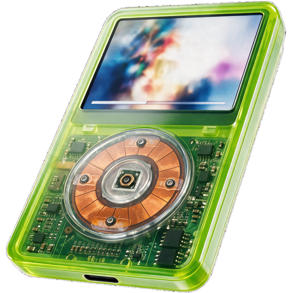 Frost &mdash; screen lit, playing music, translucent neon green iPod Classic.